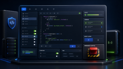 Custom Snippet Manager product illustration: Create, edit, enable, disable, import, and export managed PHP snippets with guardrails and a fast panic switch.