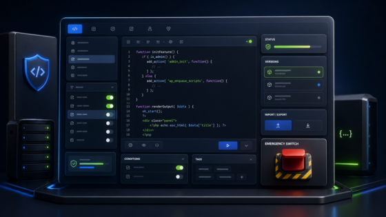 Custom Snippet Manager product illustration: Create, edit, enable, disable, import, and export managed PHP snippets with guardrails and a fast panic switch.