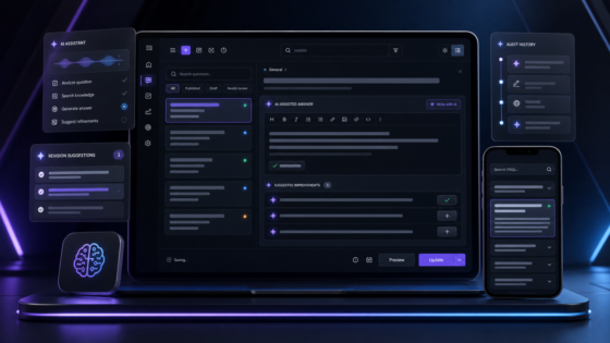 AI FAQ Manager product illustration: Draft, revise, organize, import, export, audit, and display searchable FAQs with OpenAI-assisted content tools.