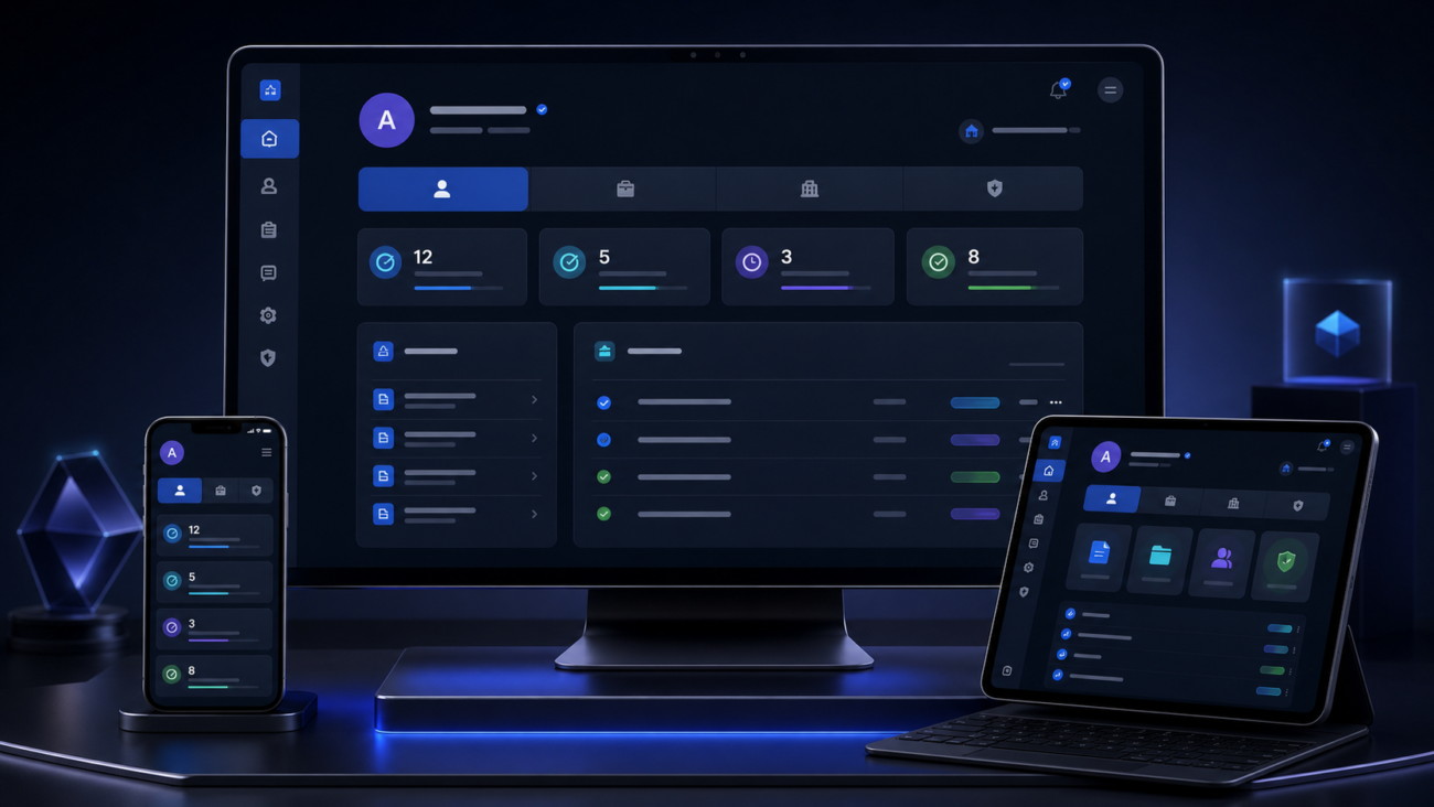 My Account Role Portal product illustration: Build role-specific WooCommerce My Account portals with reordered tabs, icons, badges, embedded pages, and fullscreen workspace views.