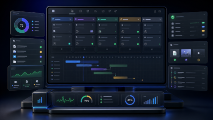 Production Manager product illustration: Track projects, status, history, files, permissions, dashboards, and structured production workflows inside WordPress.