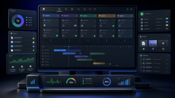 Production Manager product illustration: Track projects, status, history, files, permissions, dashboards, and structured production workflows inside WordPress.
