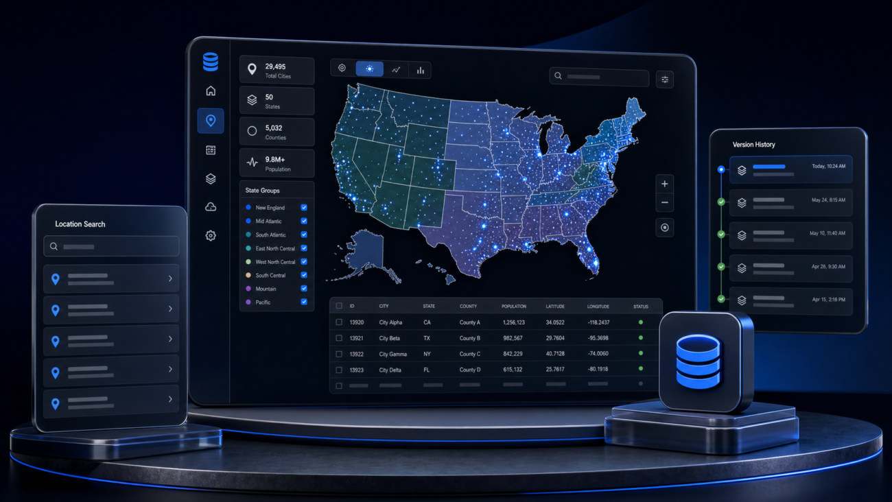 GCPS City Dataset product illustration: A versioned dataset of more than 28,000 US city and state records packaged for location-based WordPress workflows.