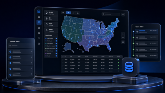 GCPS City Dataset product illustration: A versioned dataset of more than 28,000 US city and state records packaged for location-based WordPress workflows.