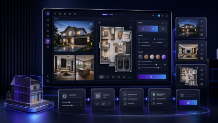 AI Home Renderer Pro product illustration: Create coordinated exterior, interior, and floor-plan image collections, generate specifications, apply pricing rules, and push selected concepts into WooCommerce.