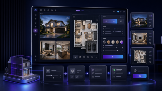 AI Home Renderer Pro product illustration: Create coordinated exterior, interior, and floor-plan image collections, generate specifications, apply pricing rules, and push selected concepts into WooCommerce.