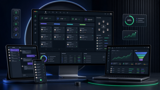 DP CRM product illustration: Manage leads, configurable fields, Kanban pipelines, round-robin assignment, tasks, internal messaging, live chat, imports, exports, and a dedicated rep workspace.
