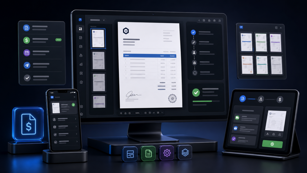 Rep Invoices & Quotes product illustration: Create role-aware quotes and invoices with reusable templates, itemized documents, approvals, delivery controls, payments, logs, dashboards, and client views.