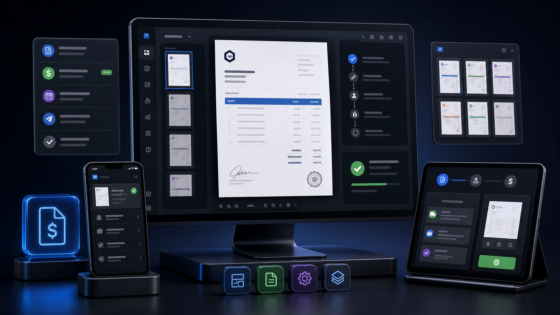 Rep Invoices & Quotes product illustration: Create role-aware quotes and invoices with reusable templates, itemized documents, approvals, delivery controls, payments, logs, dashboards, and client views.