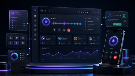 AI Call Center product illustration: Operate an AI receptionist with OpenAI, Twilio, Google Workspace handoffs, configurable behavior, call records, learning history, escalation controls, diagnostics, and retention settings.