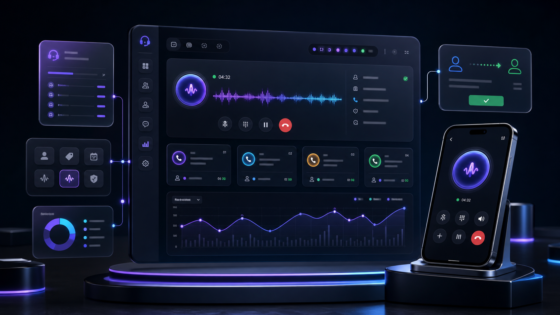 AI Call Center product illustration: Operate an AI receptionist with OpenAI, Twilio, Google Workspace handoffs, configurable behavior, call records, learning history, escalation controls, diagnostics, and retention settings.