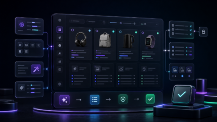 OpenAI Woo Helper product illustration: Use controlled AI batch tools for WooCommerce attribute cleanup, title, SKU and price changes, product descriptions, SEO articles, internal links, and Yoast metadata.