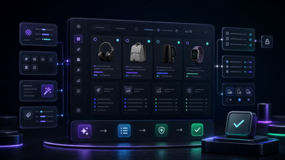OpenAI Woo Helper product illustration: Use controlled AI batch tools for WooCommerce attribute cleanup, title, SKU and price changes, product descriptions, SEO articles, internal links, and Yoast metadata.