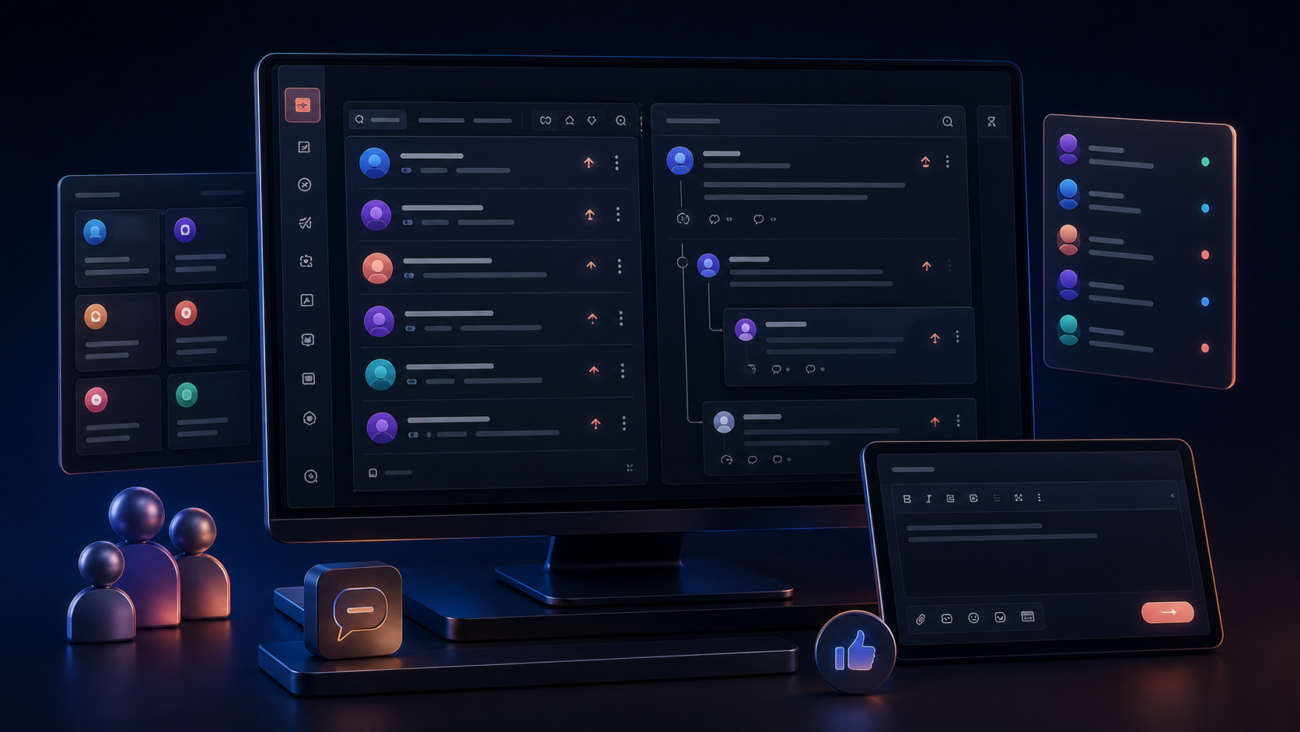 Community Forum product illustration: Launch a front-end forum with threads, replies, categories, authenticated posting, upvotes, shortcodes, and administrative controls.