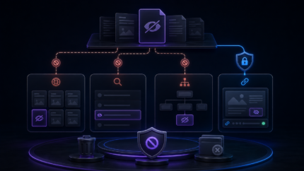 Hidden Page Visibility Manager product illustration: Hide selected pages from navigation, site search, and Yoast sitemaps while applying noindex directives and preserving direct-link access.