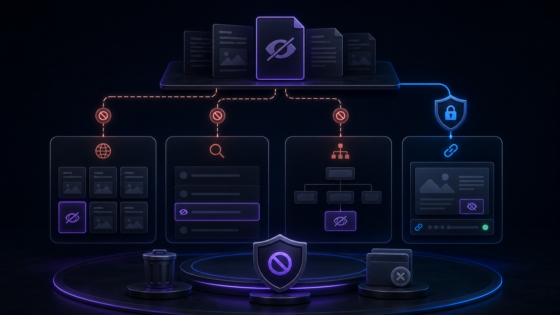 Hidden Page Visibility Manager product illustration: Hide selected pages from navigation, site search, and Yoast sitemaps while applying noindex directives and preserving direct-link access.