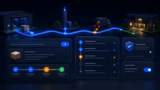 WP Order Tracking System product illustration showing a package route, customer lookup, and real-time delivery milestones.